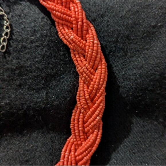 Silver Tone Orange Coral Braided Beaded Statement Necklace - Picture 4 of 6